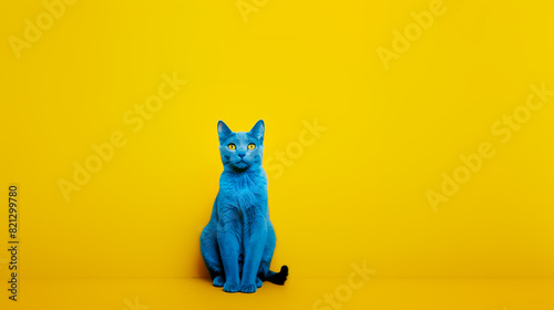 chat avec les poils bleus assis sur un fond jaune, vu de face - fond jaune	
 photo
