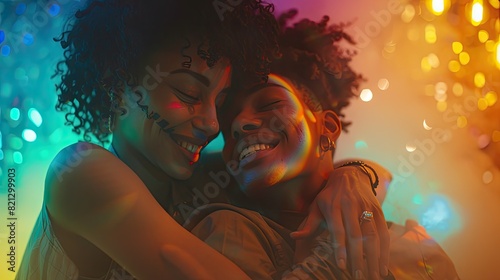 A soft-focus portrait of two people holding hands while hugging and smiling, captured in an installation-based setting with warm, comfycore aesthetics. The scene highlights heroic masculinity with photo