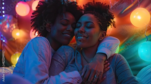 A soft-focus portrait of two people holding hands while hugging and smiling, captured in an installation-based setting with warm, comfycore aesthetics. The scene highlights heroic masculinity with