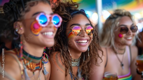 A group of friends wearing rainbow-themed clothing and face paint, laughing and enjoying food and drinks at an outdoor LGBTQ+ festival