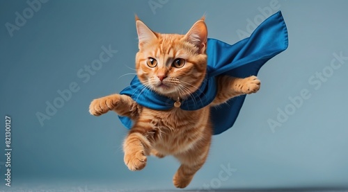 Superhero baby cat, Cute baby cat with a blue cloak and mask jumping and flying © Alief Shop