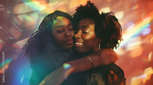 A serene portrait of two people hugging and holding hands, their expressions of joy highlighted in a soft-focus, comfycore setting. The installation-based photo, taken with provia, conveys themes of photo