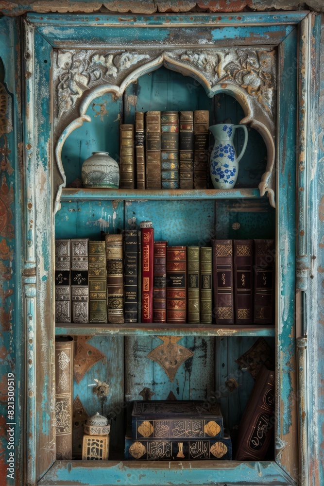 Old and beautiful book shelf with islamic books,, generated with ai