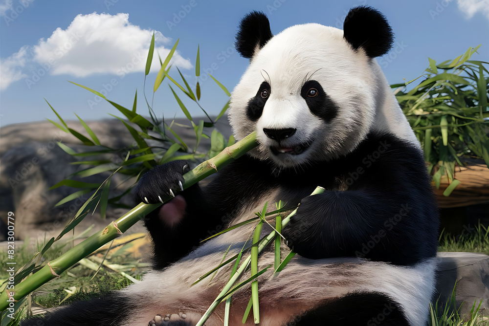 Obraz premium panda eating bamboo