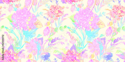 Abstract botanical summer pattern layered mix of flowers and herbs silhouettes for textile