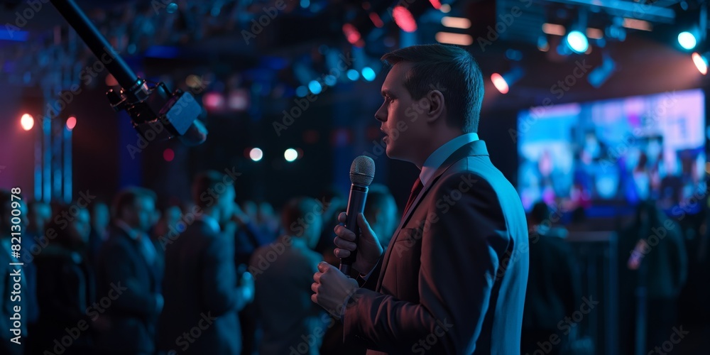 A man stands with a microphone looking at an audience, likely preparing to speak or perform