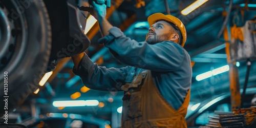 Mechanic in a blue uniform adjusting undercarriage of a car in a well-lit garage