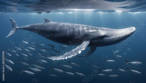 A Blue Whale With A School Of Fish Swimming Around