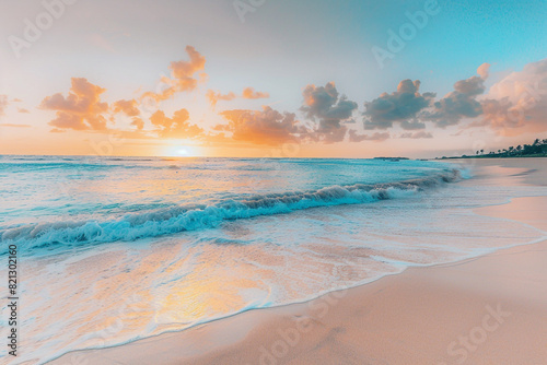 A picturesque tropical beach during sunset, with the sky ablaze in hues of orange and pink, casting a warm glow over the smooth sand and gentle waves