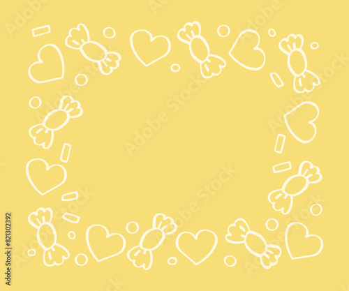 Vector cute sweets print. Heart and candy white line on yellow background. Delicate hand drawn frame with copy space. 