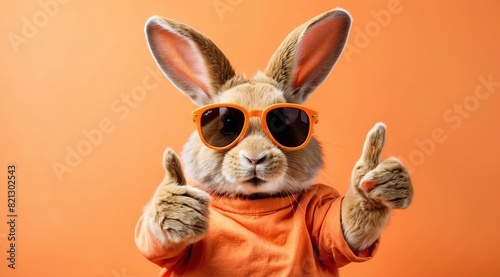 Funny easter animal pet - Easter bunny rabbit with sunglasses  isolated on orange background
