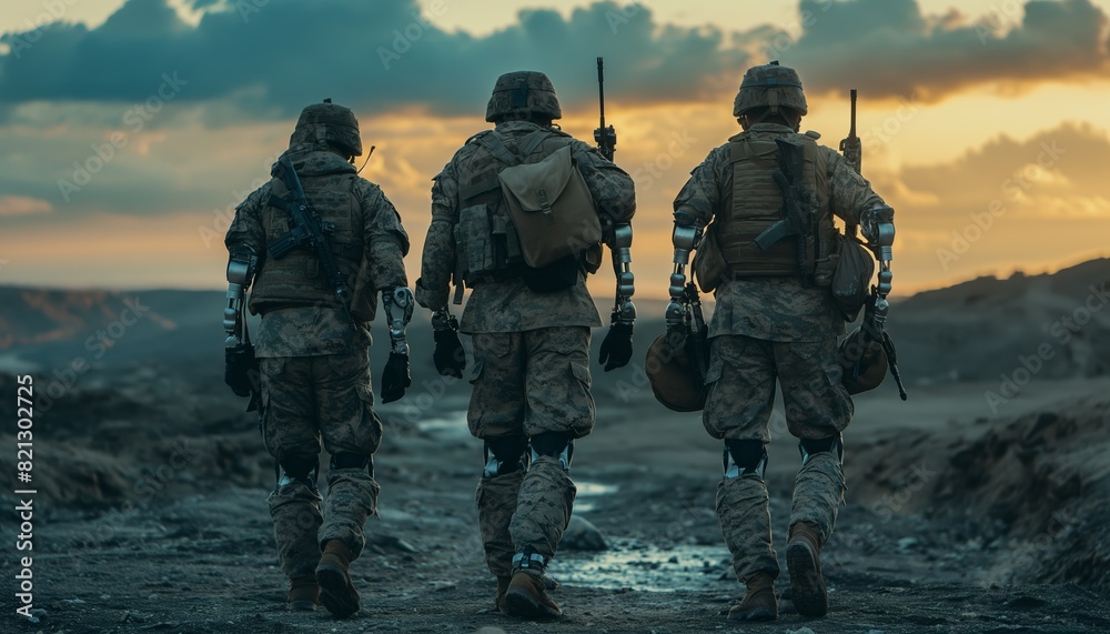Soldiers walking in a desert at dusk Soldiers walking in a desert at dusk