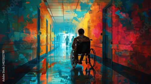 A futuristic hospital corridor with a patient in a wheelchair