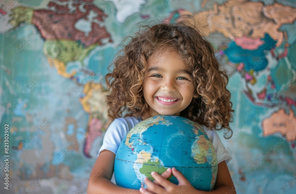 Little Girl Holding Globe in Front of Map Little Girl Holding Globe in Front of Map