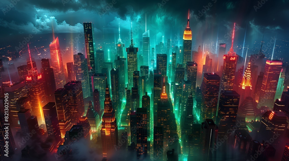 Vibrant city skyline at night with colorful neon lights and towering skyscrapers. Futuristic urban landscape. Vibrant city skyline at night with colorful neon lights and towering skyscrapers. Futuristic urban landscape.