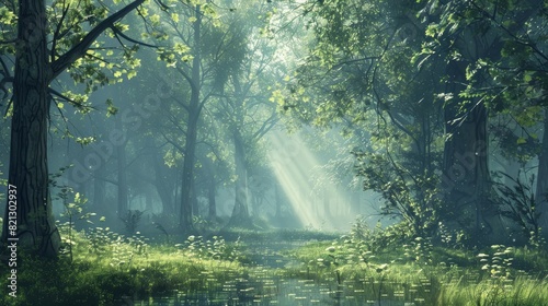 Create a calming forest scene with a misty morning atmosphere. --ar 16 9 Job ID  26412507-d269-4d83-a1ee-3fd483cf96b2