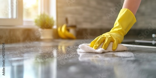 Close-up of a hand in a yellow glove cleaning a shiny kitchen countertop with a white cloth and sparkle photo