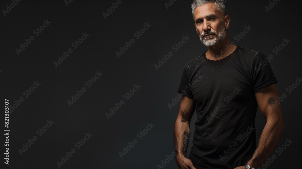 A man in a black shirt standing with hands in pockets A man in a black shirt standing with hands in pockets