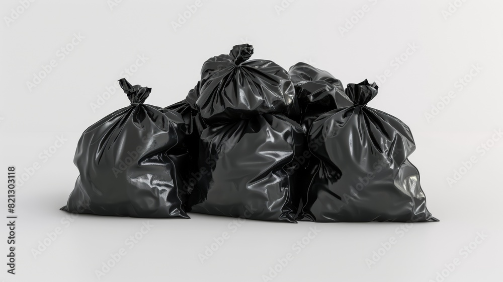 Stacks of garbage bags together, 3d cartoon style, white background, realistic and sharp., generated with ai Stacks of garbage bags together, 3d cartoon style, white background, realistic and sharp., generated with ai