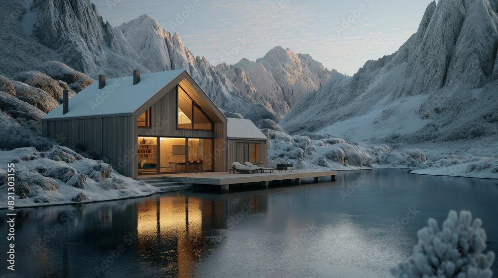 Fototapeta premium A house with a large deck overlooking a lake