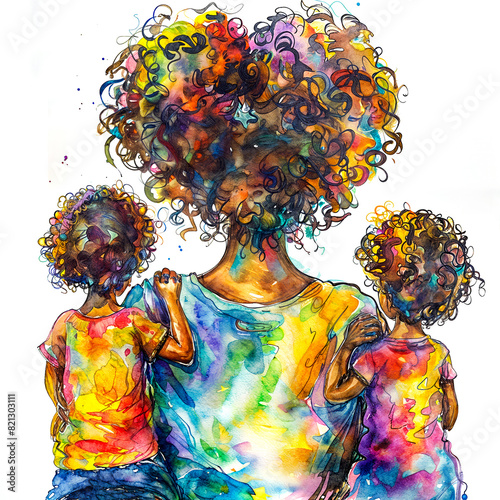 Painting of woman and two children with curly hair and multicolored hair.