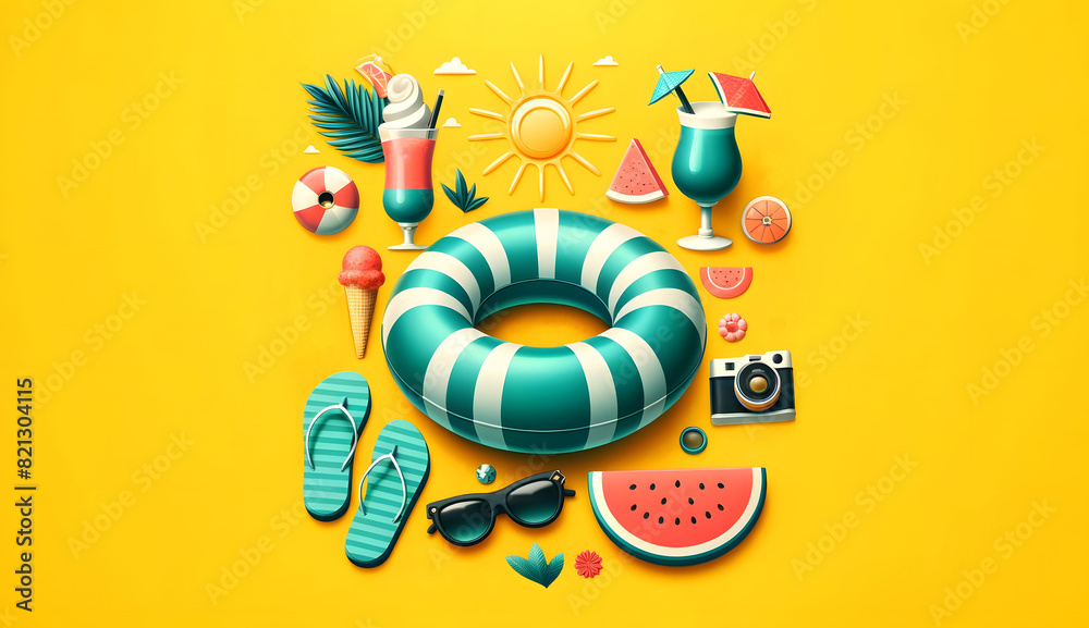 Vibrant Summer Essentials: Bright Yellow Background with Ice Cream, Flip Flops, Camera, and Pool Float Vibrant Summer Essentials: Bright Yellow Background with Ice Cream, Flip Flops, Camera, and Pool Float