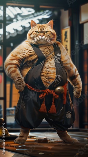 Humorous depiction of a chubby cat dressed as a samurai, standing confidently in a traditional setting