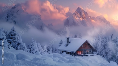 Fantastic winter landscape with wooden house in snowy mountains. Hight mountain peaks in foggy sunset sky. Christmas and winter vacations holiday concept © usman
