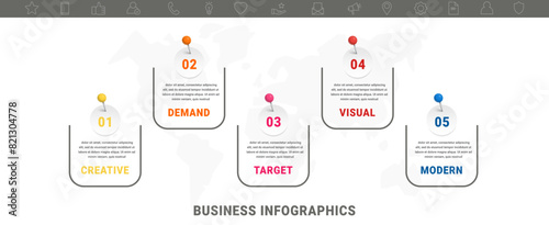 Vector modern infographic flat template pin and circles for diagram, graph, presentation. Business concept with 5 options and marks. Blank space for content, step for step, timeline, workflow