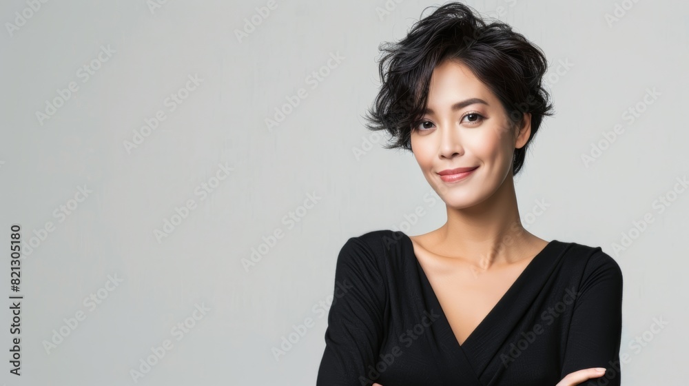 A woman exudes timeless glamour in a black dress, striking a pose for the camera A woman exudes timeless glamour in a black dress, striking a pose for the camera
