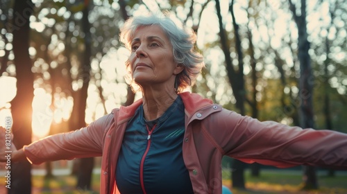 Older Woman Stretching in Park at Sunset