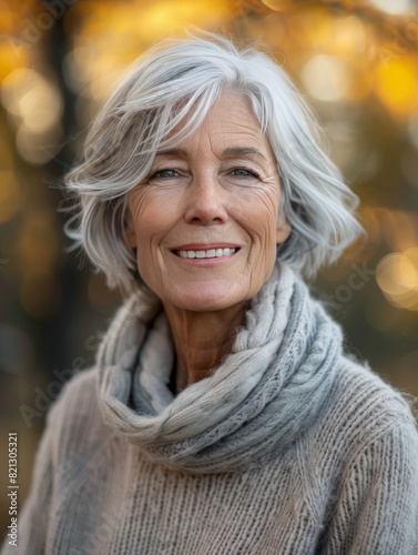 Older Woman in Gray Sweater and White Scarf