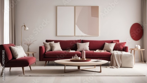 Minimal living room design  crimson and beige furniture on white background