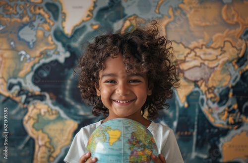 Little Girl Holding Globe in Front of Map