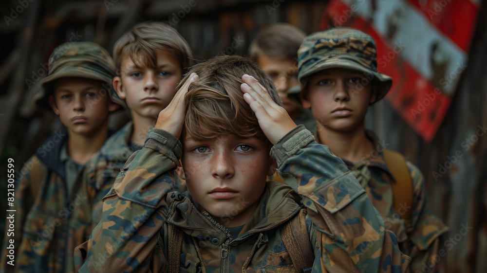 Fototapeta premium boys stand in a row, in camouflage uniforms like the military,generative ai