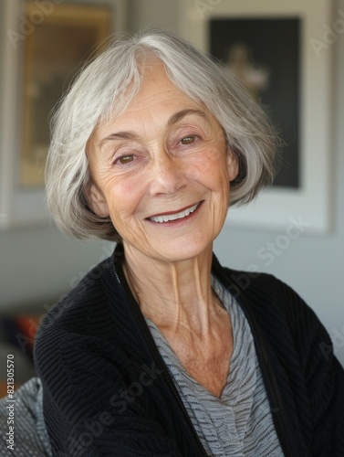 Older Woman in Gray Sweater and White Scarf
