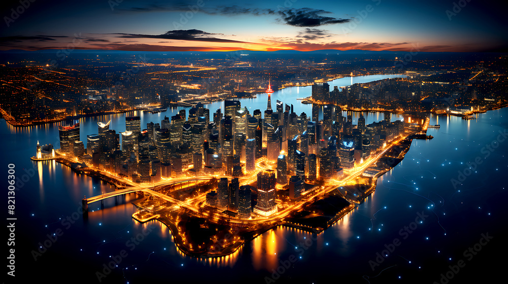Fototapeta premium Planet Earth at night from space showing North America connected to the rest of the world, global community concept illustration