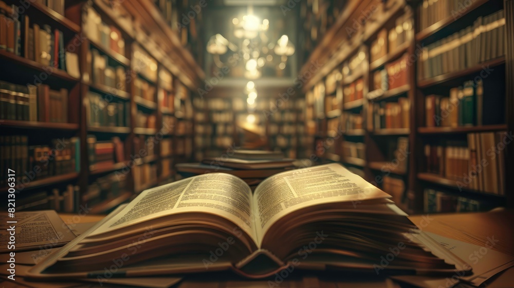 Book in library with old open textbook, stack piles of literature text archive on reading desk, and aisle of bookshelves in school study class room background for academic education learning concept Book in library with old open textbook, stack piles of literature text archive on reading desk, and aisle of bookshelves in school study class room background for academic education learning concept