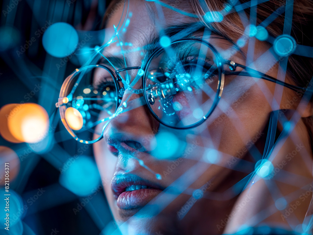 A woman wearing glasses is looking at a blue and white image of herself