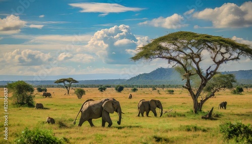 Journey to the heart of the African savannah, where vast grasslands stretch to the horizon under a vast expanse of blue sky, and iconic wildlife such as lions, elephants, and giraffes roam freely amid