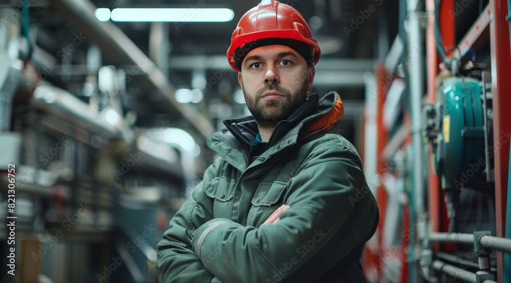 Man Wearing Red Jacket and Hard Hat Man Wearing Red Jacket and Hard Hat