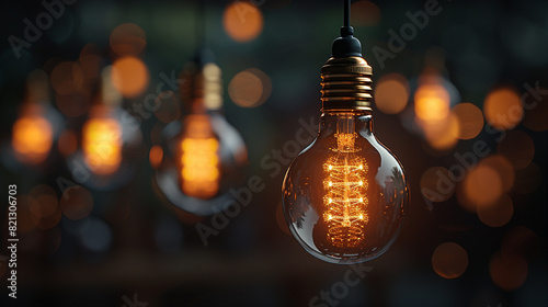 Close-up of illuminated vintage edison light bulbs with warm bokeh background in technology category photo