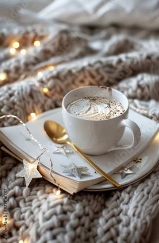Cappuccino Cup and Book on Blanket