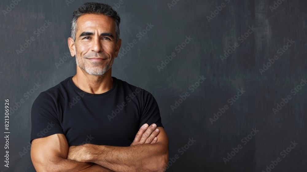 A man with arms crossed stands before a chalkboard A man with arms crossed stands before a chalkboard