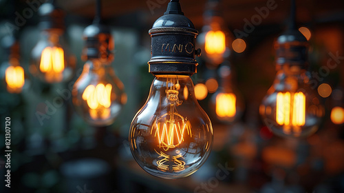 Multiple vintage edison light bulbs illuminating dark interior in industrial style office © Creative Habits