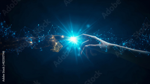 Touch of tomorrow. A robotic hand meets a human hand under a radiant beam, symbolizing the convergence of technology and humanity. Generative AI photo