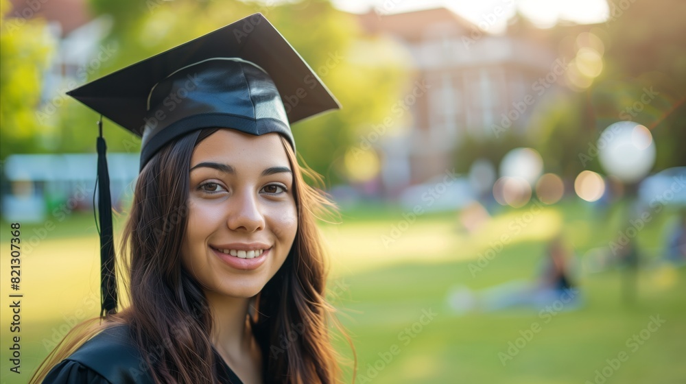 A beautiful woman wearing a black graduation cap and gown, posing on the university campus with a blurred background