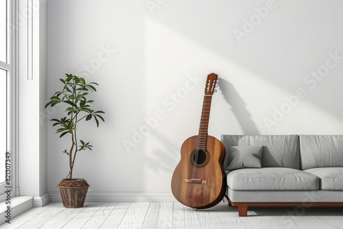 Living Room With Couch and Guitar