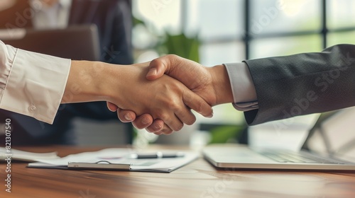 Two People Shaking Hands in Front of Laptops