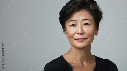 Short-haired woman in black shirt exudes mystery and intrigue